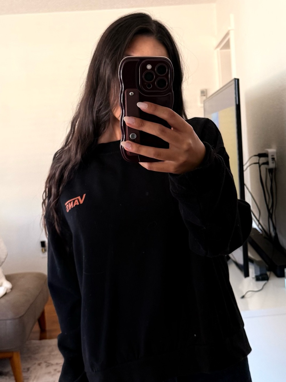 Vans Black Pullover Sweatshirt with Small Red Logo